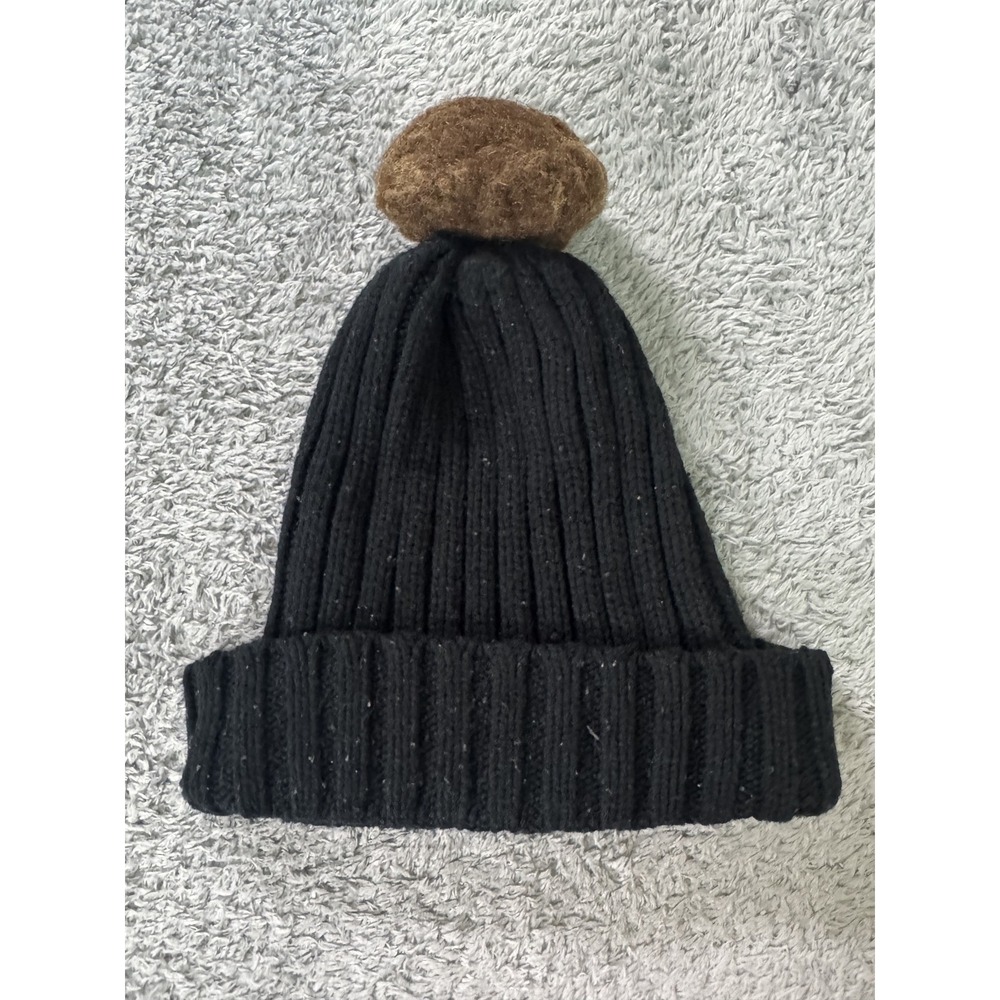 Adrienne Landau Women Ribbed Knit Beanie OS Black Brown Pom Pom Acrylic